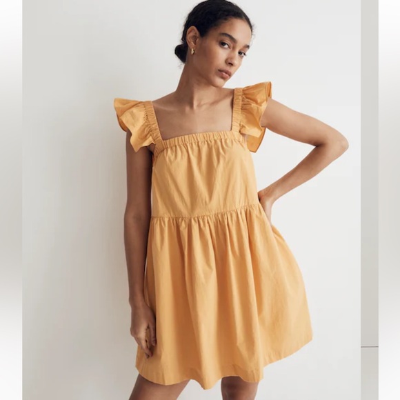 Madewell Dresses & Skirts - Madewell Yellow Flutter Sleeve Square Neck Mini Dress Pockets NK479 Womens Sz XL